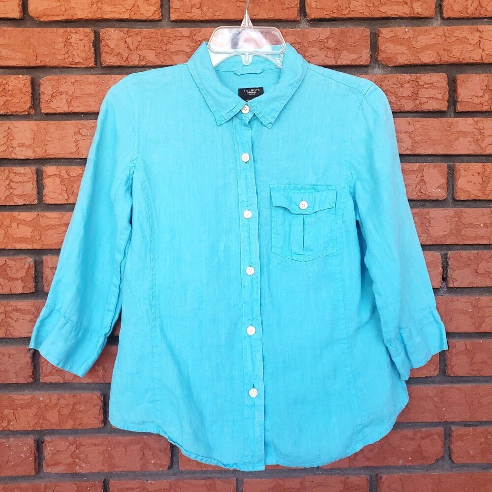 Talbots 100% Pure Irish Linen Top Petite Small Button Up 3/4 Sleeve Blue Beach